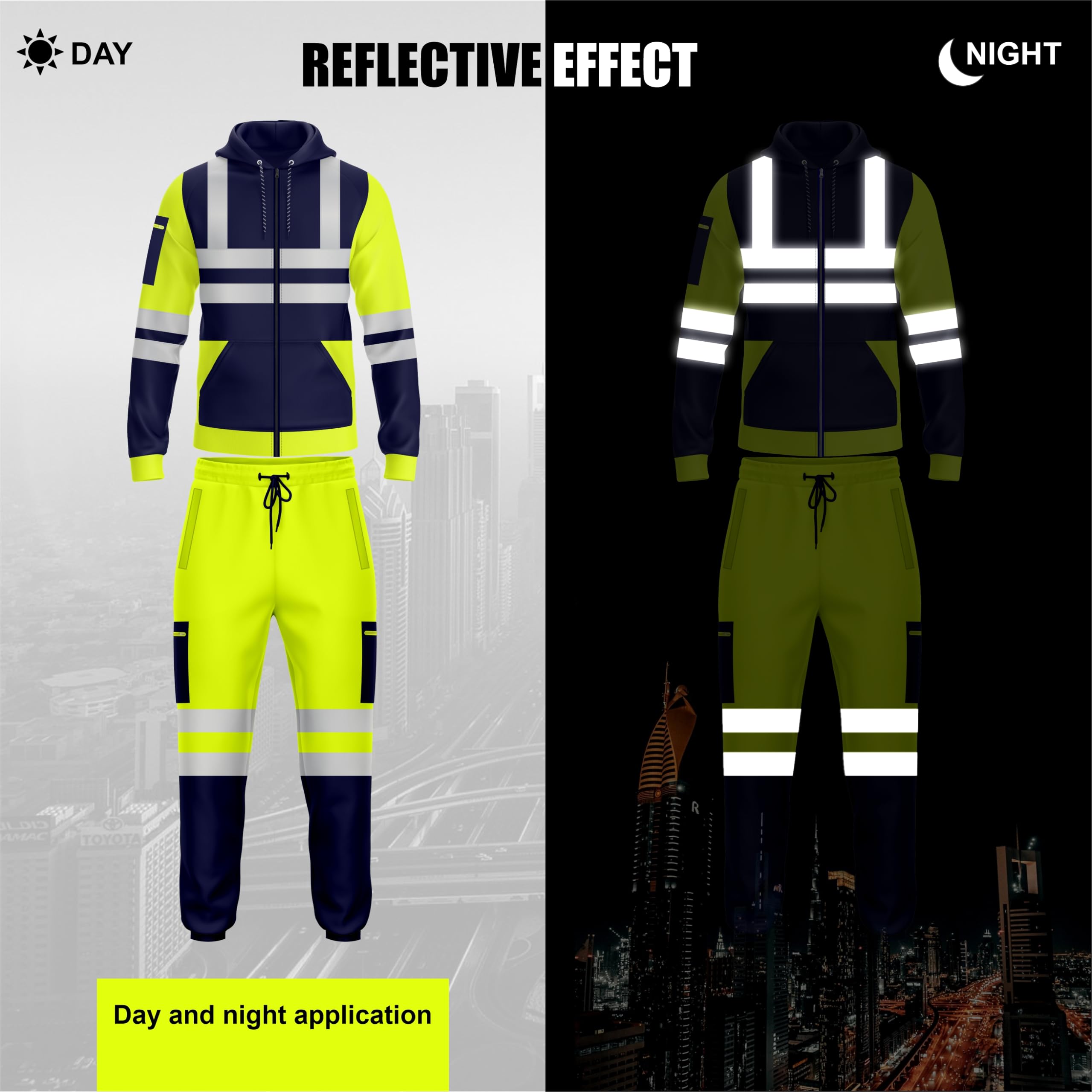 TORO ACTIVA Mens Hi Viz High Visibility Zip Up Tracksuit Pockets Drwastring Zipper Sweatshirt Hoodie & Trouser Bottom Jogging Safety Work Wear Reflective Joggers